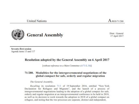 Modalities for the Intergovernmental Negotiations of the Global Compact for Safe, Orderly and Regular Migration (A/RES/71/280)